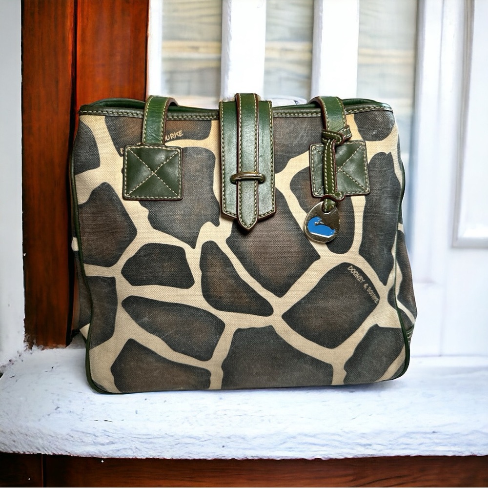 Dooney & Bourke Giraffe Canvas Shoulder Bag Purse Tote with Rare green leather